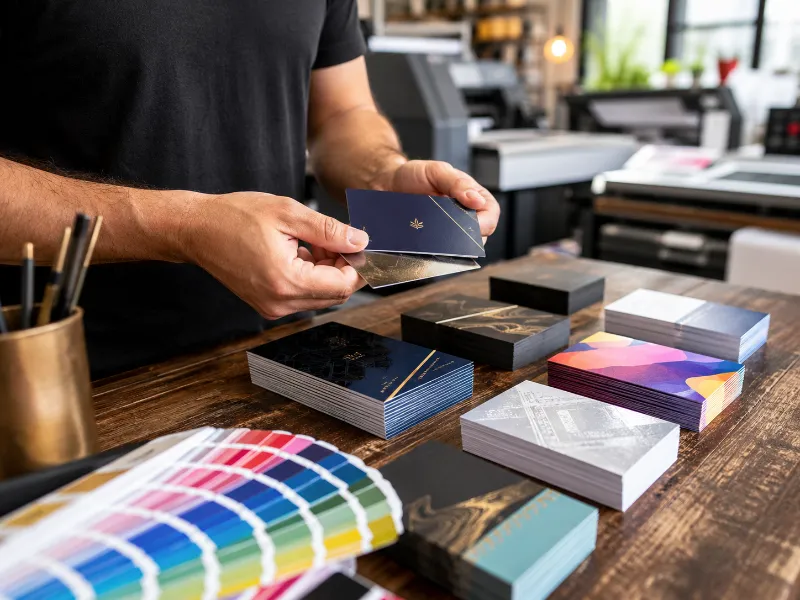 Premium offset-printed business cards on premium stock with UV finish